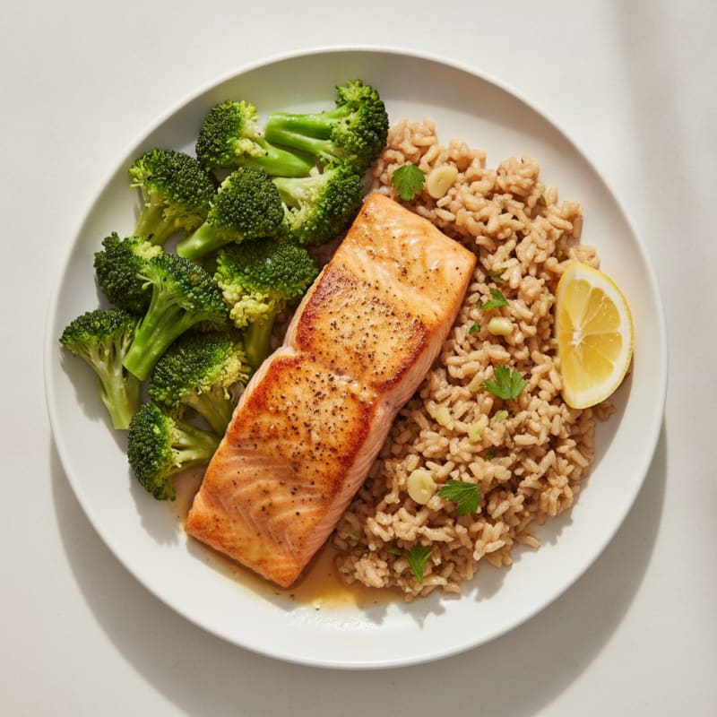 Seared Salmon with Steamed Broccoli and Garlic Brown Rice