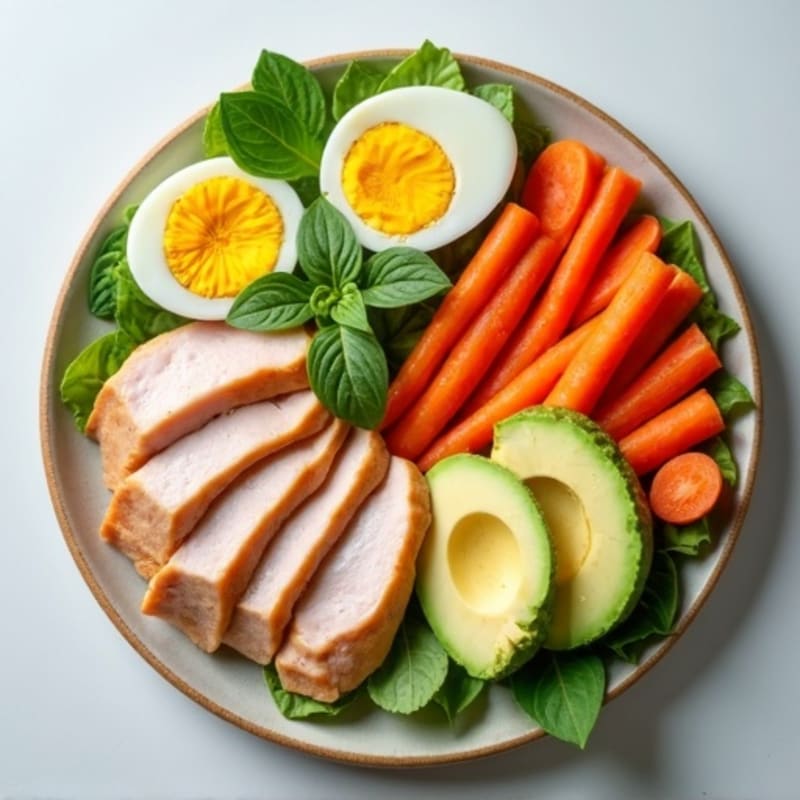 High-Protein Snack Plate with Sliced Lean Turkey, Hard-Boiled Eggs, Crunchy Carrots, and Creamy Avocado