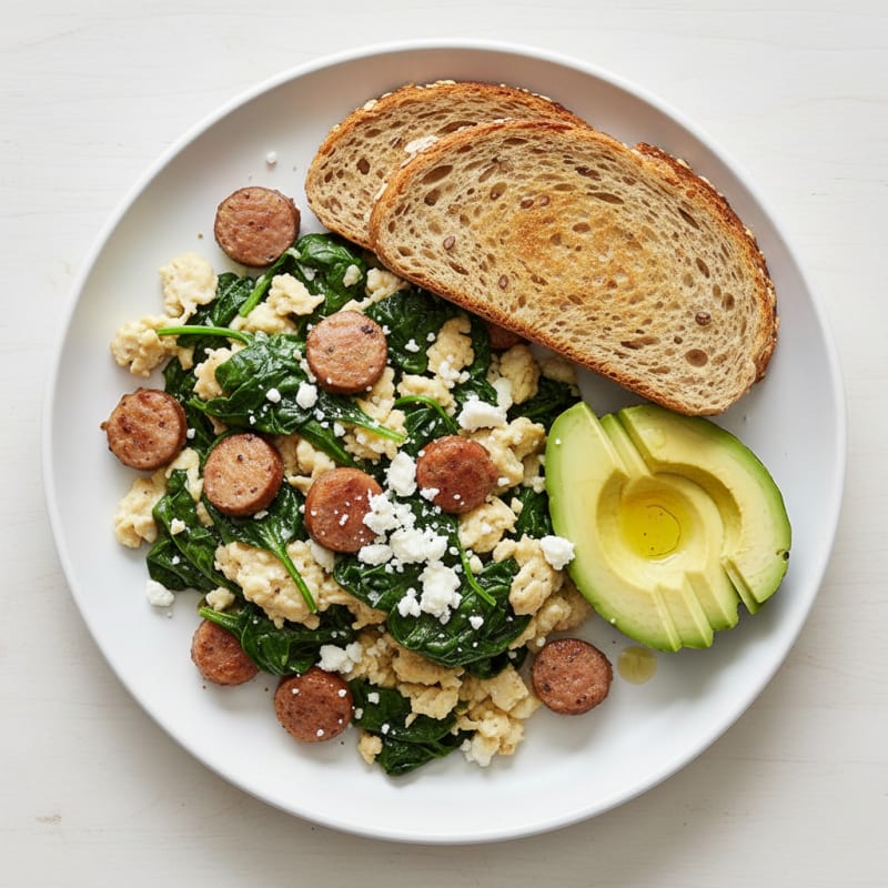 Egg White and Turkey Sausage Scramble with Sautéed Spinach