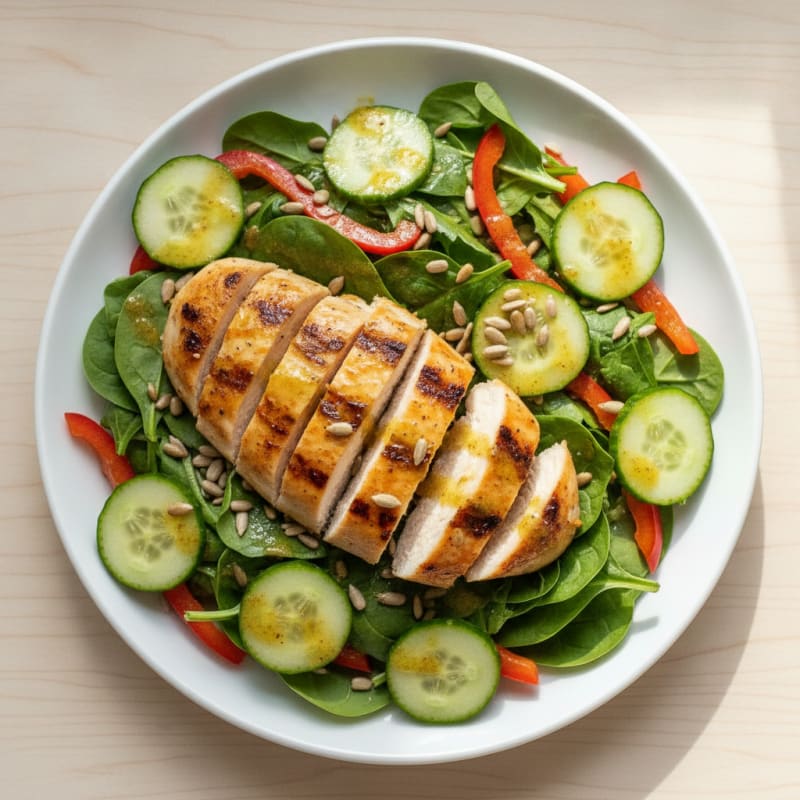 Grilled Chicken Breast Salad with Crunchy Vegetables and Lemon Vinaigrette