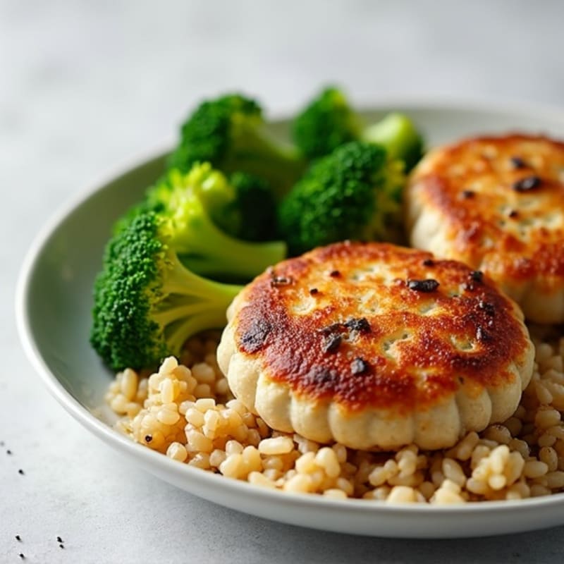 Seared Turkey Patties with Steamed Broccoli and Brown Rice