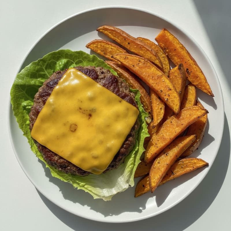 Classic Beef Burger with Roasted Sweet Potatoes