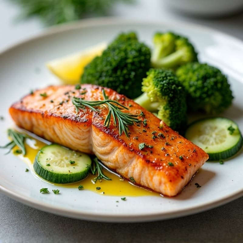 Crispy Herb-Rubbed Salmon with Roasted Broccoli and Cucumber Yogurt Salad
