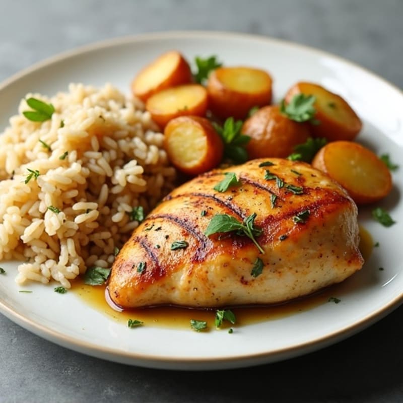 Herb-Roasted Chicken with Crispy Potatoes and Fluffy Brown Rice
