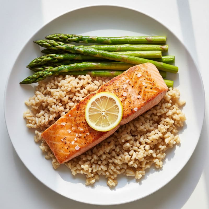 Seared Salmon with Steamed Asparagus and Brown Rice