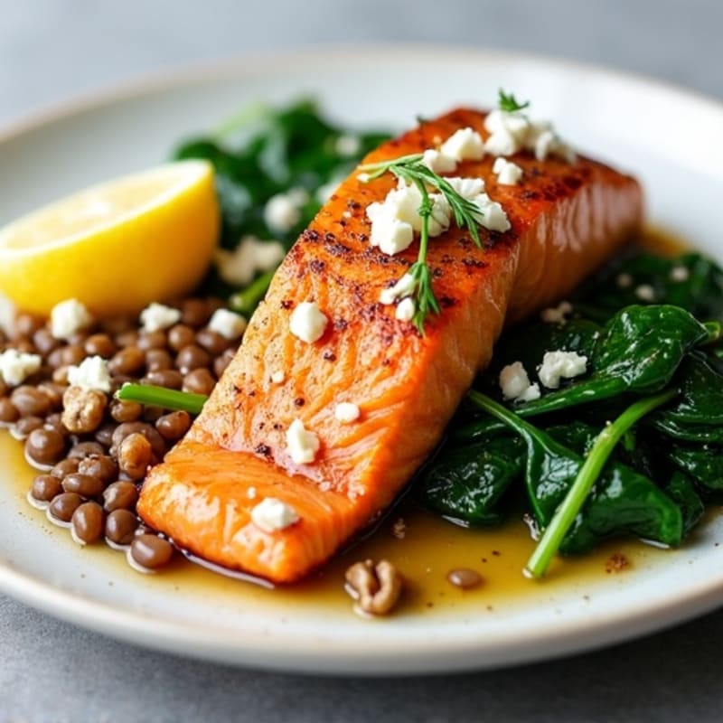 Seared Salmon Fillet with Lentil Salad and Sautéed Spinach