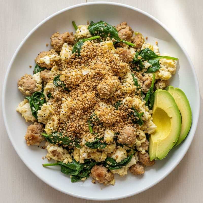 Egg White and Turkey Sausage Scramble with Sautéed Spinach