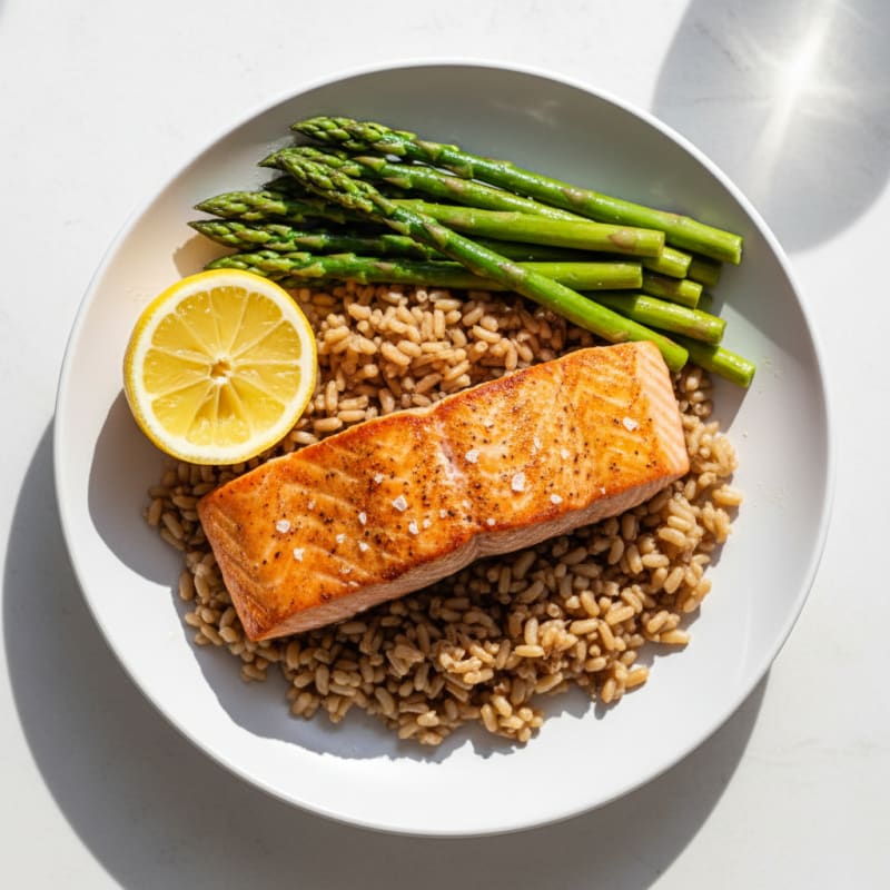 Seared Salmon with Steamed Asparagus and Brown Rice