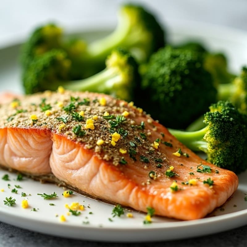 Herb-Crusted Pan Seared Salmon with Roasted Broccoli