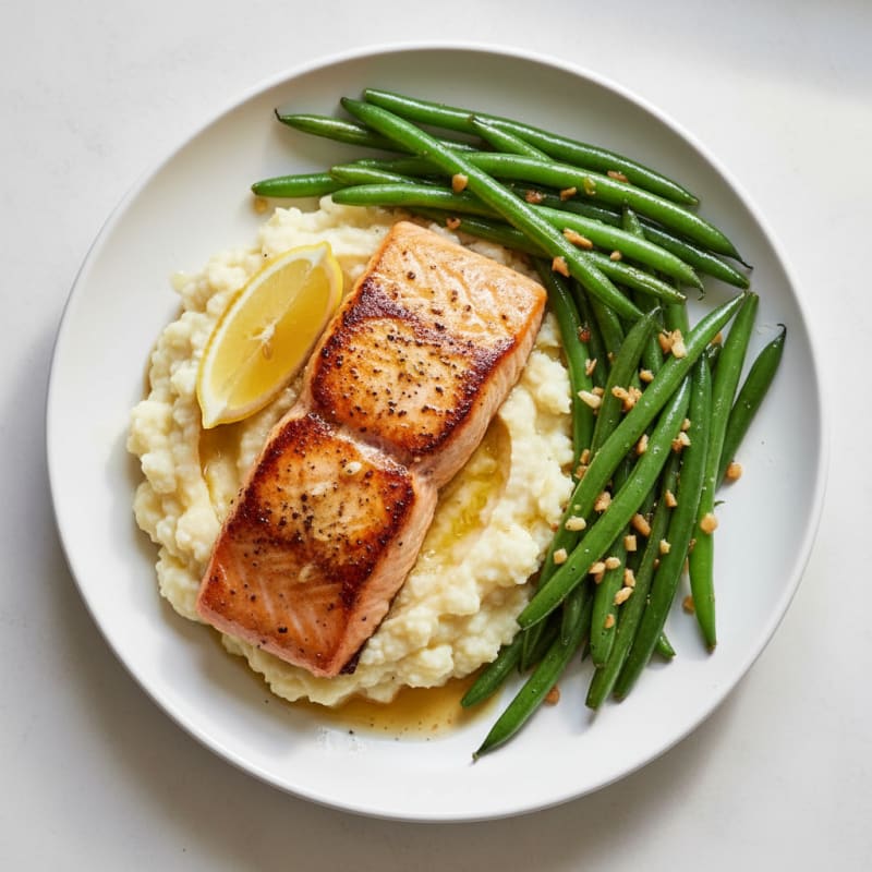 Seared Salmon with Garlic Green Beans and Cauliflower Mash