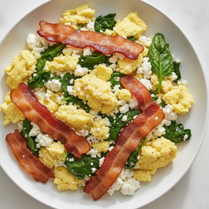 Cottage Cheese Egg Scramble with Spinach and Turkey Bacon
