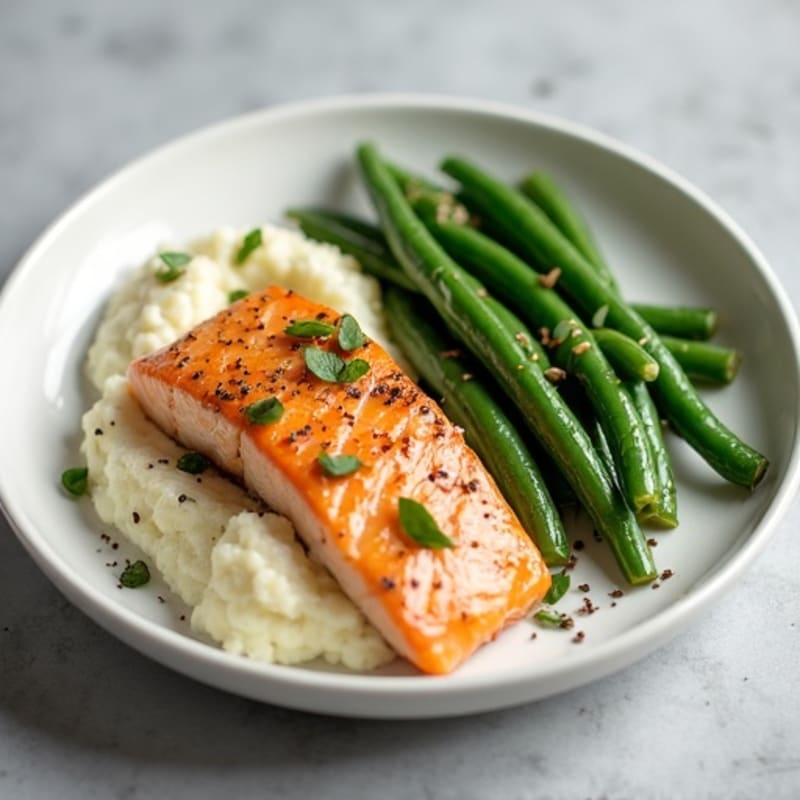 Seared Salmon with Garlic Green Beans and Cauliflower Mash