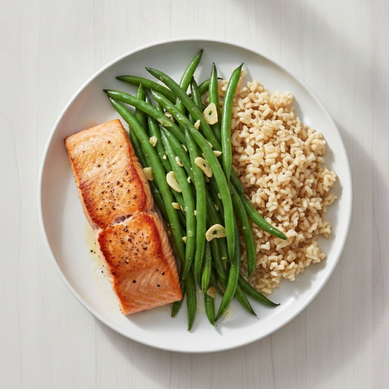 Seared Salmon with Garlic Green Beans and Brown Rice
