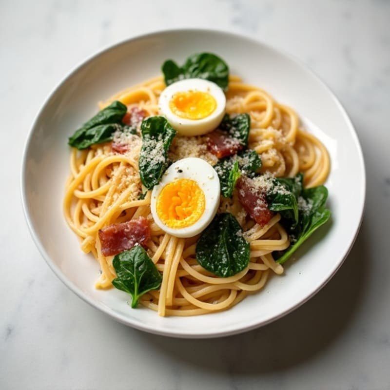 Lean Turkey Bacon Carbonara with Whole Wheat Pasta and Sautéed Greens