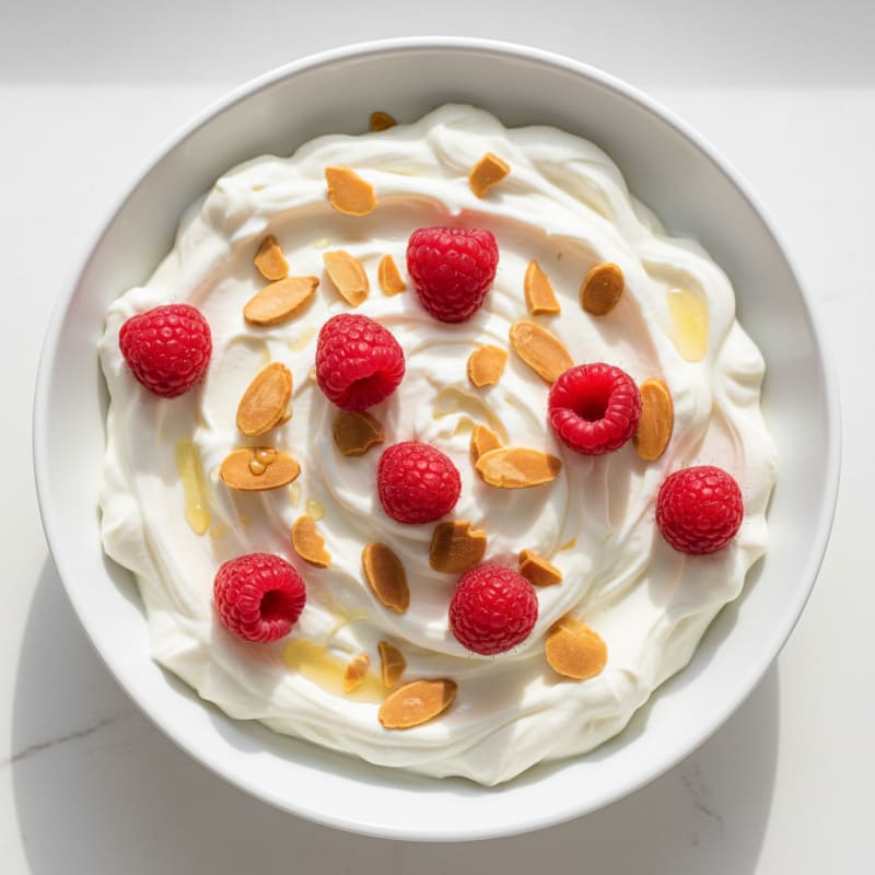 High-Protein Vanilla Greek Yogurt with Whey Protein and Sliced Almonds