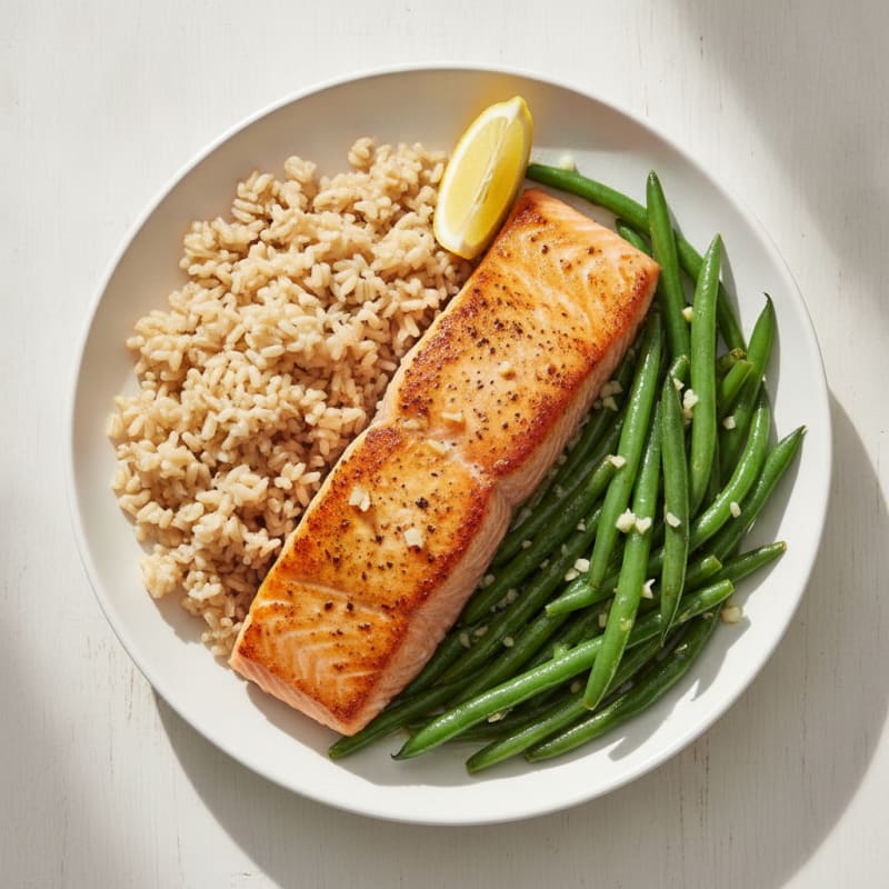 Seared Salmon with Garlic Green Beans and Brown Rice