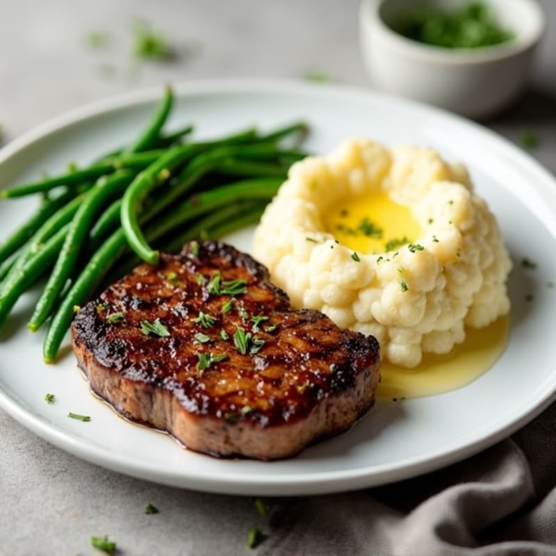 Seared Steak with Garlic Green Beans and Parmesan Mashed Cauliflower