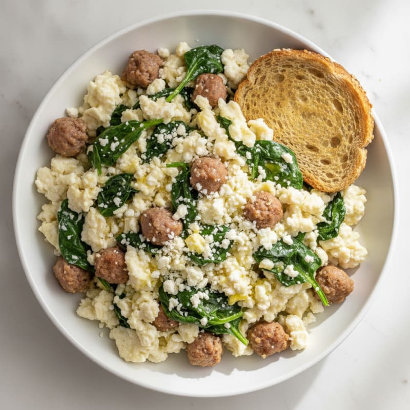 Egg White and Turkey Sausage Scramble with Spinach and Feta