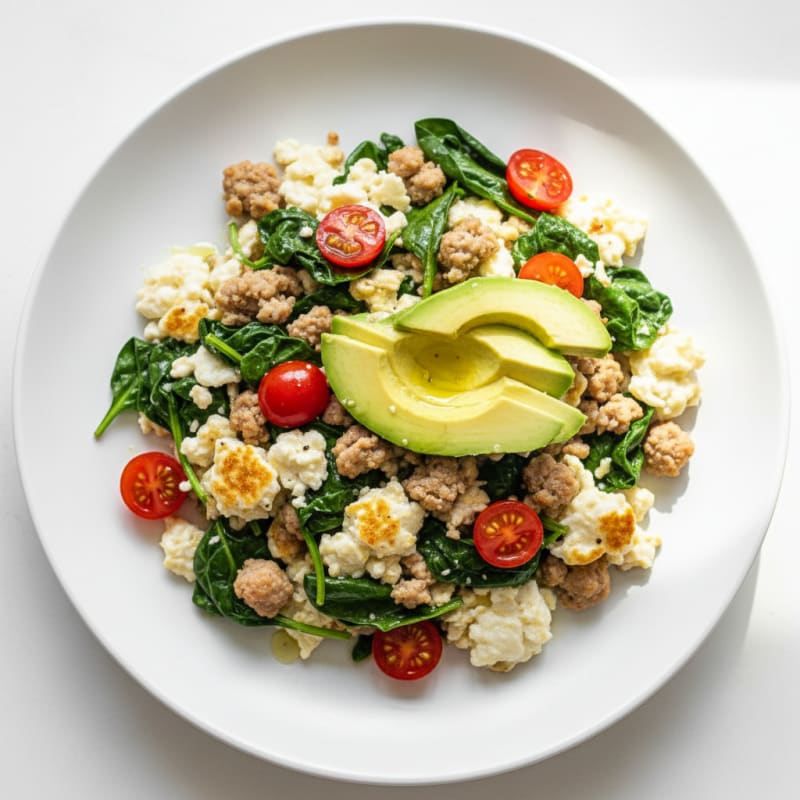 Egg White and Turkey Sausage Scramble with Baby Spinach
