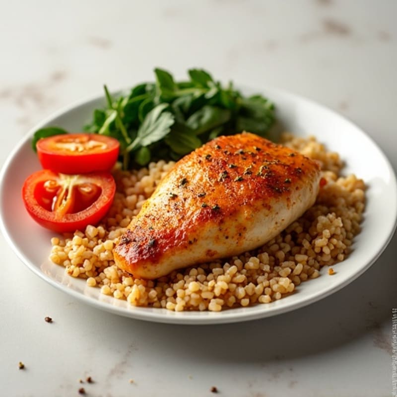 Lean Spiced Chicken with Tomato-Herb Rice and Fresh Vegetables