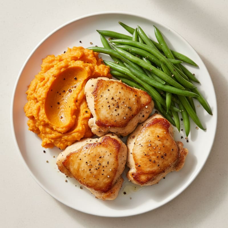 Seared Chicken Thighs with Steamed Green Beans and Sweet Potato Mash
