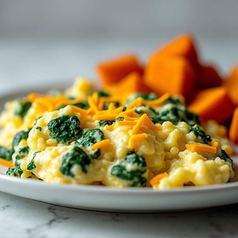 Creamy Egg and Spinach Scramble with Roasted Sweet Potatoes
