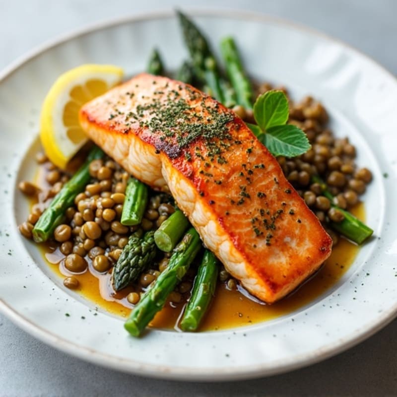 Seared Salmon with Steamed Asparagus and Lentil Salad