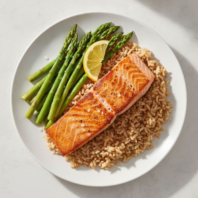Seared Salmon Fillet with Steamed Asparagus and Brown Rice
