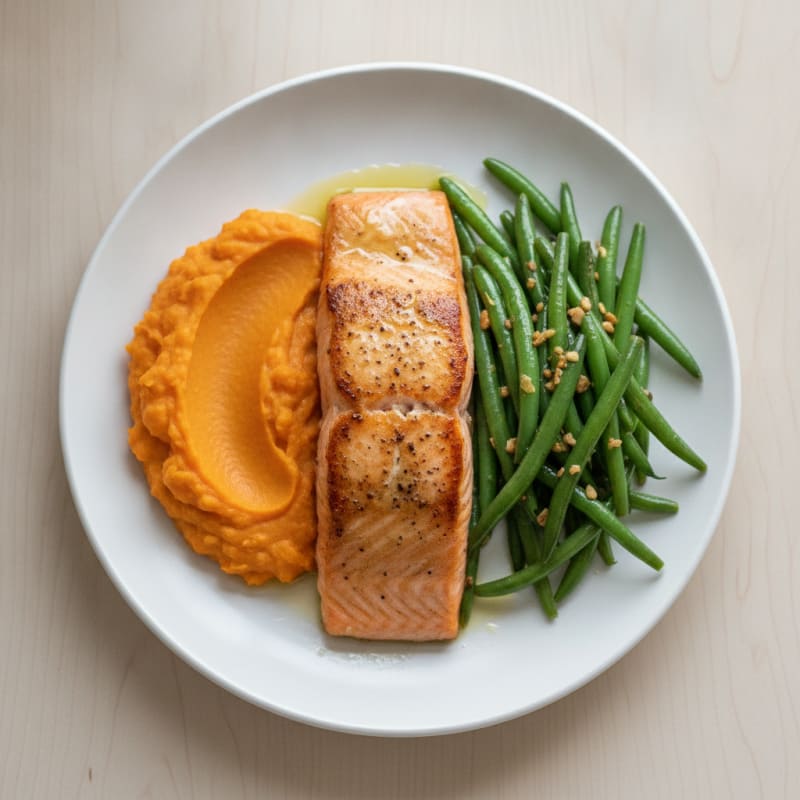 Seared Salmon Fillet with Sautéed Green Beans and Sweet Potato Mash