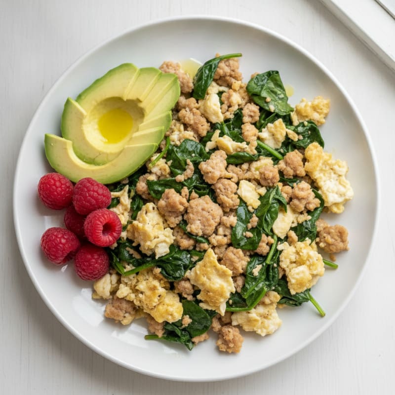 Egg White and Turkey Sausage Scramble with Sautéed Spinach