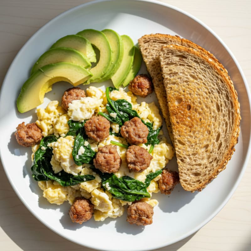 Scrambled Egg Whites with Turkey Sausage and Sautéed Spinach