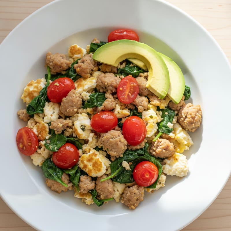 Egg White and Turkey Sausage Scramble with Spinach and Tomatoes