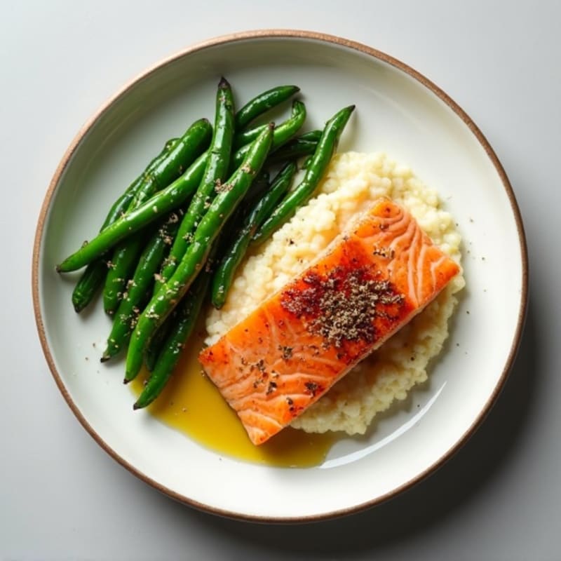 Seared Salmon with Garlic Green Beans and Cauliflower Mash