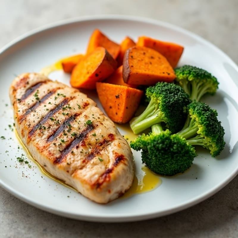 Grilled Chicken Breast with Roasted Sweet Potato and Steamed Broccoli