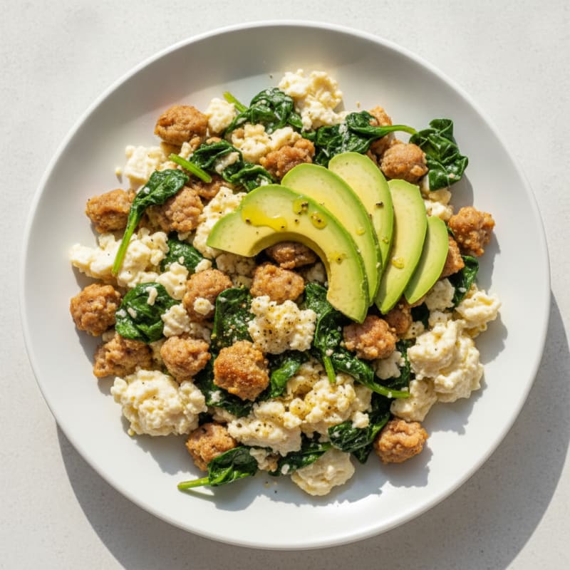 Egg White and Turkey Sausage Scramble with Sautéed Spinach