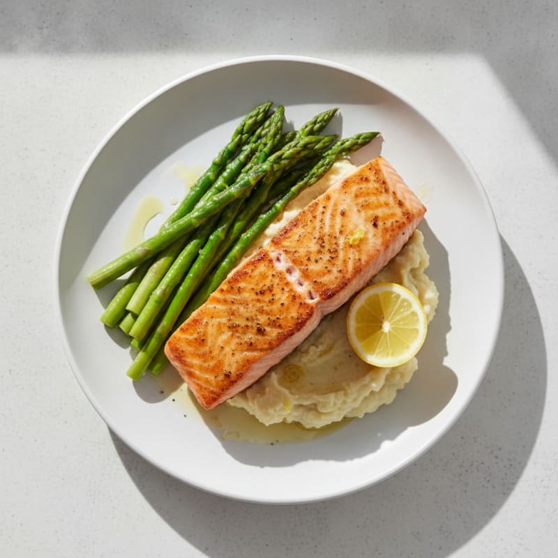 Seared Salmon with Steamed Asparagus and Garlic Cauliflower Mash