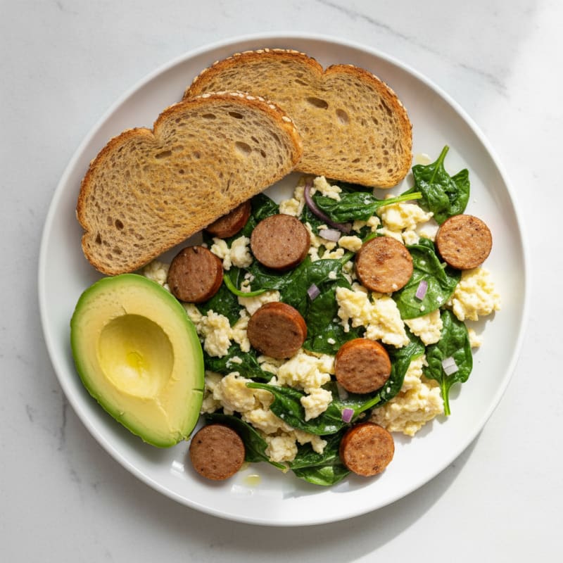 Egg White Scramble with Turkey Sausage and Sautéed Spinach