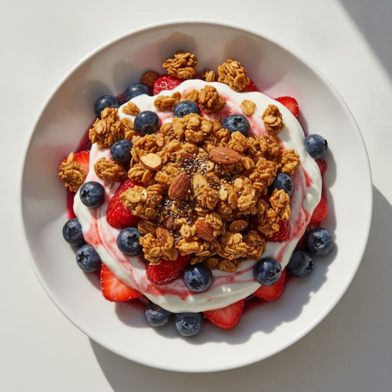 Greek Yogurt Parfait with Crunchy Almond Granola and Fresh Berries