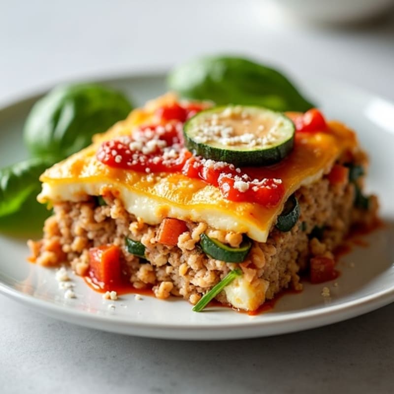 Crustless Pizza Bake with Lean Ground Turkey and Roasted Vegetables