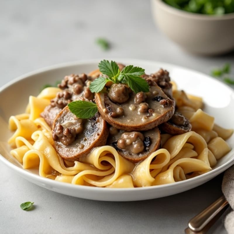 Lean Beef with Creamy Mushroom Sauce and Whole Wheat Noodles
