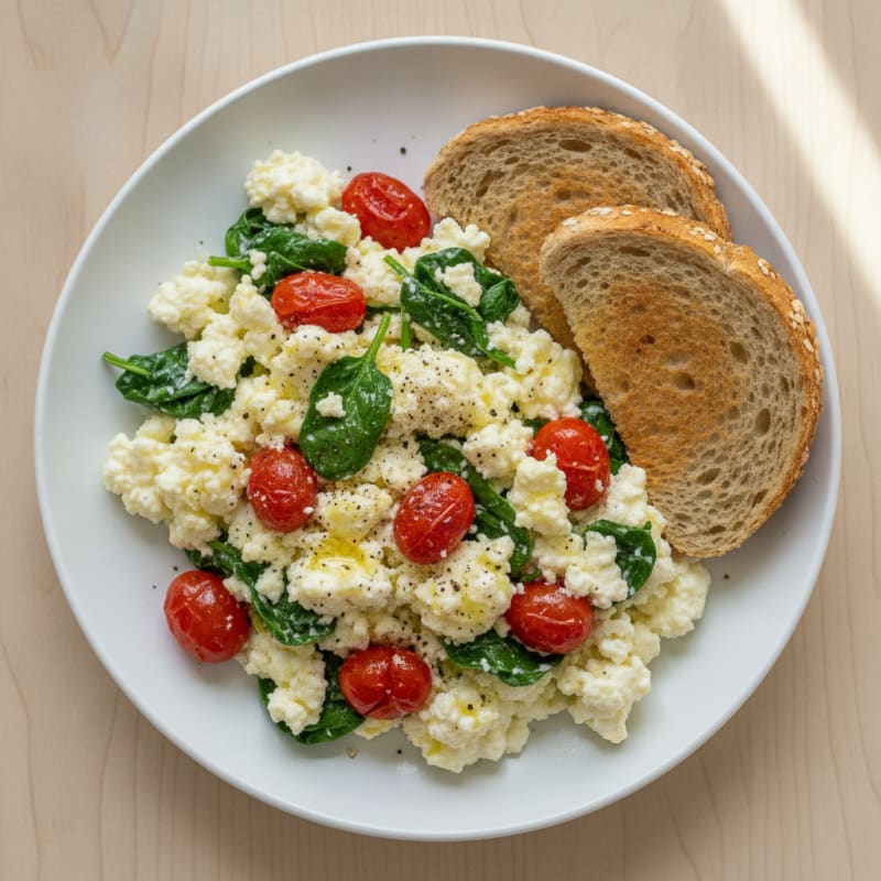 Spinach Tomato Cottage Cheese Scramble