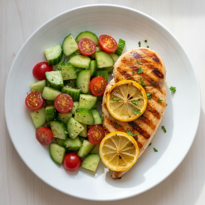 Grilled Chicken Breast with Cucumber Tomato Salad