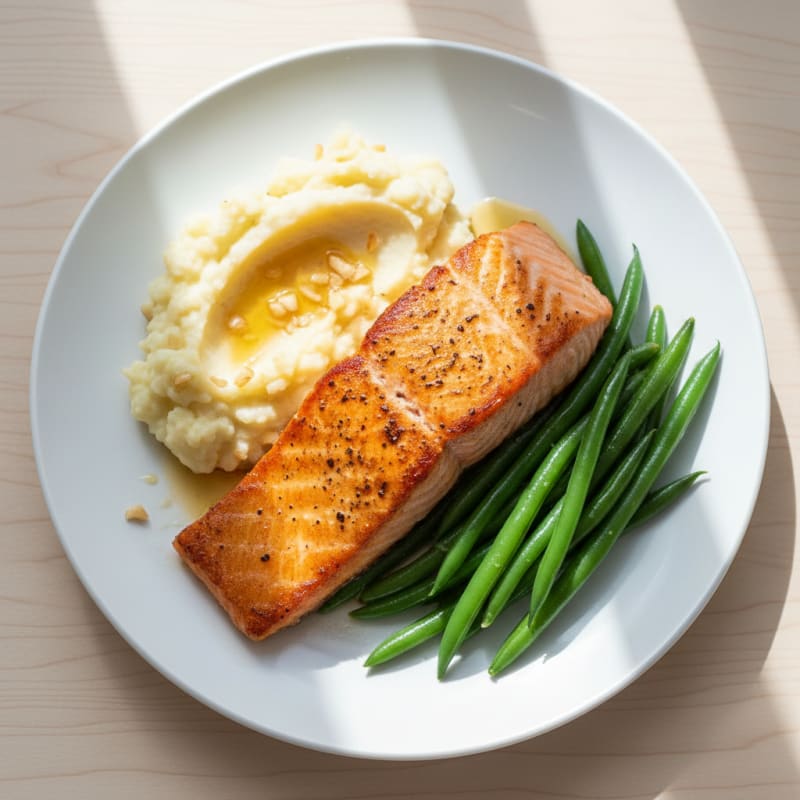 Seared Salmon with Steamed Green Beans and Garlic Mashed Cauliflower