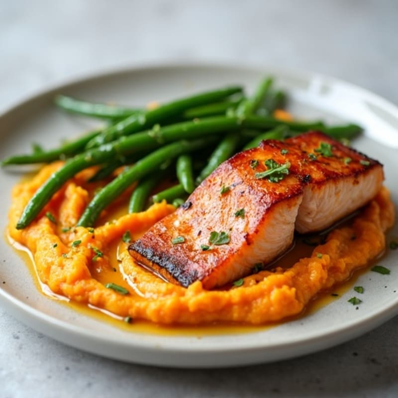 Seared Salmon with Garlic Green Beans and Sweet Potato Mash