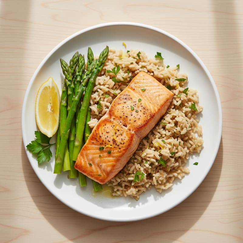 Seared Salmon Fillet with Steamed Asparagus and Lemon Herb Rice