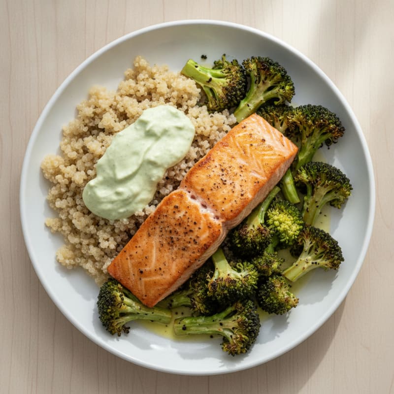 Seared Salmon with Roasted Broccoli and Quinoa