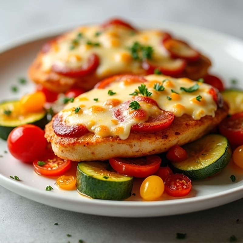 Cheesy Pepperoni Chicken and Roasted Vegetable Bake