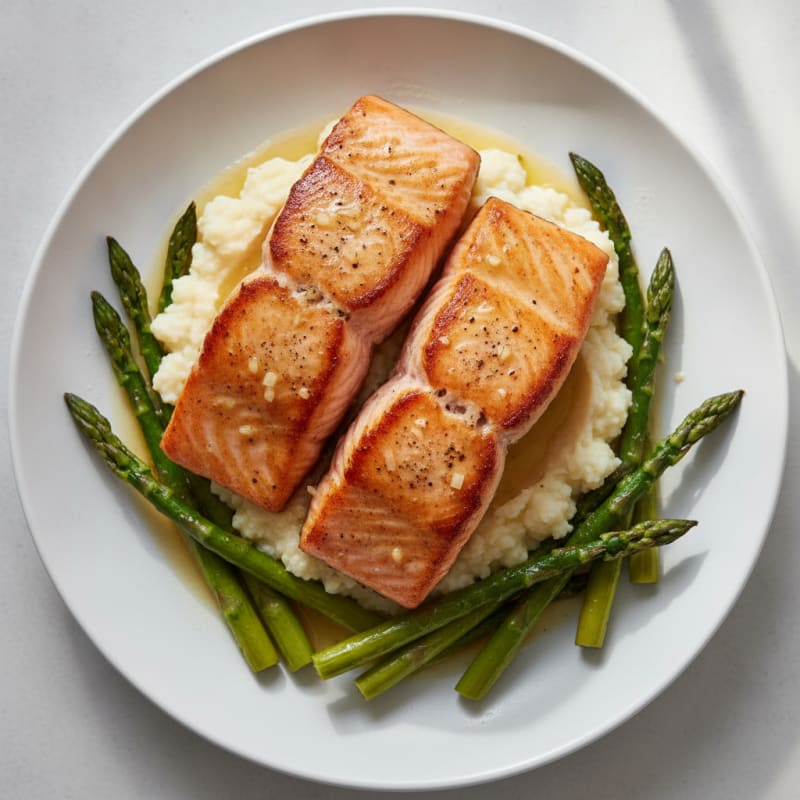 Seared Salmon with Roasted Asparagus and Cauliflower Mash