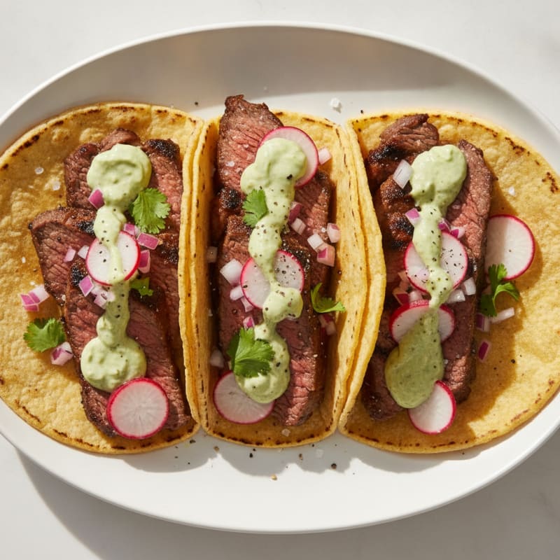 Carne Asada Tacos with Avocado Crema