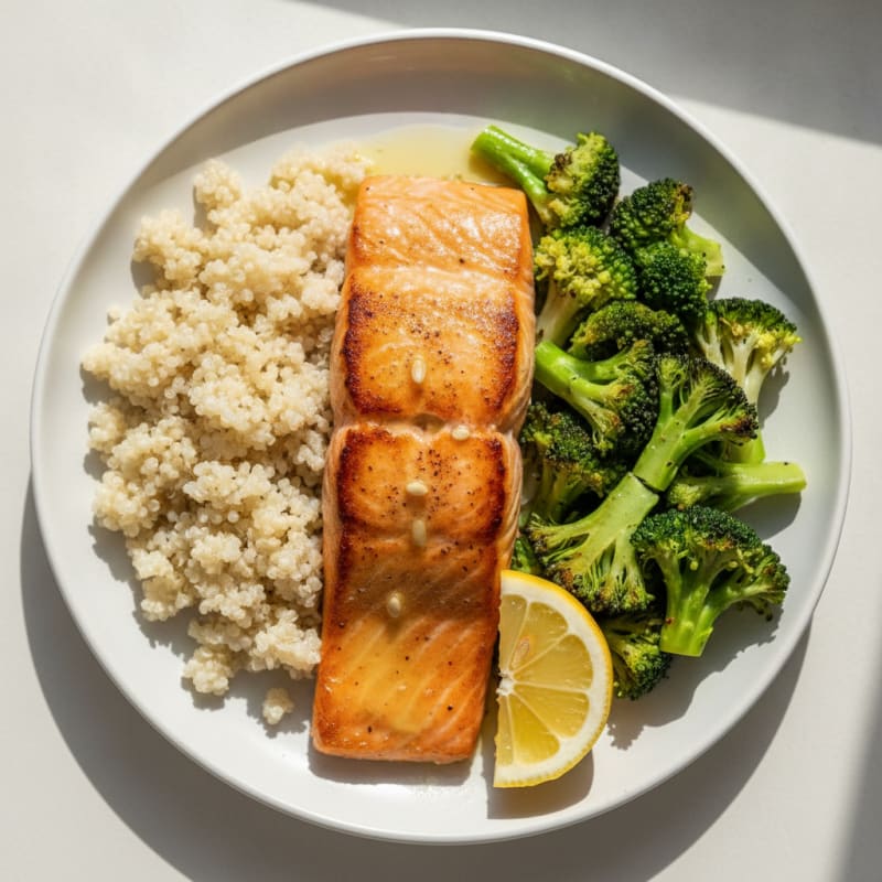 Seared Salmon Fillet with Steamed Broccoli and Quinoa